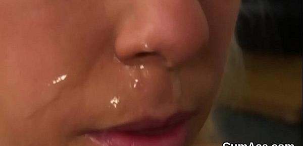  Feisty sex kitten gets sperm load on her face swallowing all the jizm